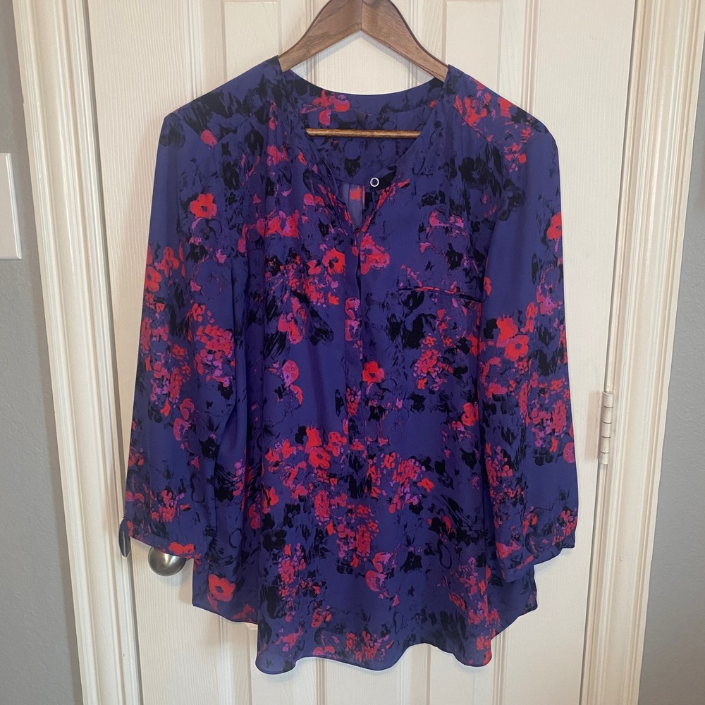 NYDJ Womens XL Purple Floral Henley Blouse 3/4 Split Neck Abstract Boho